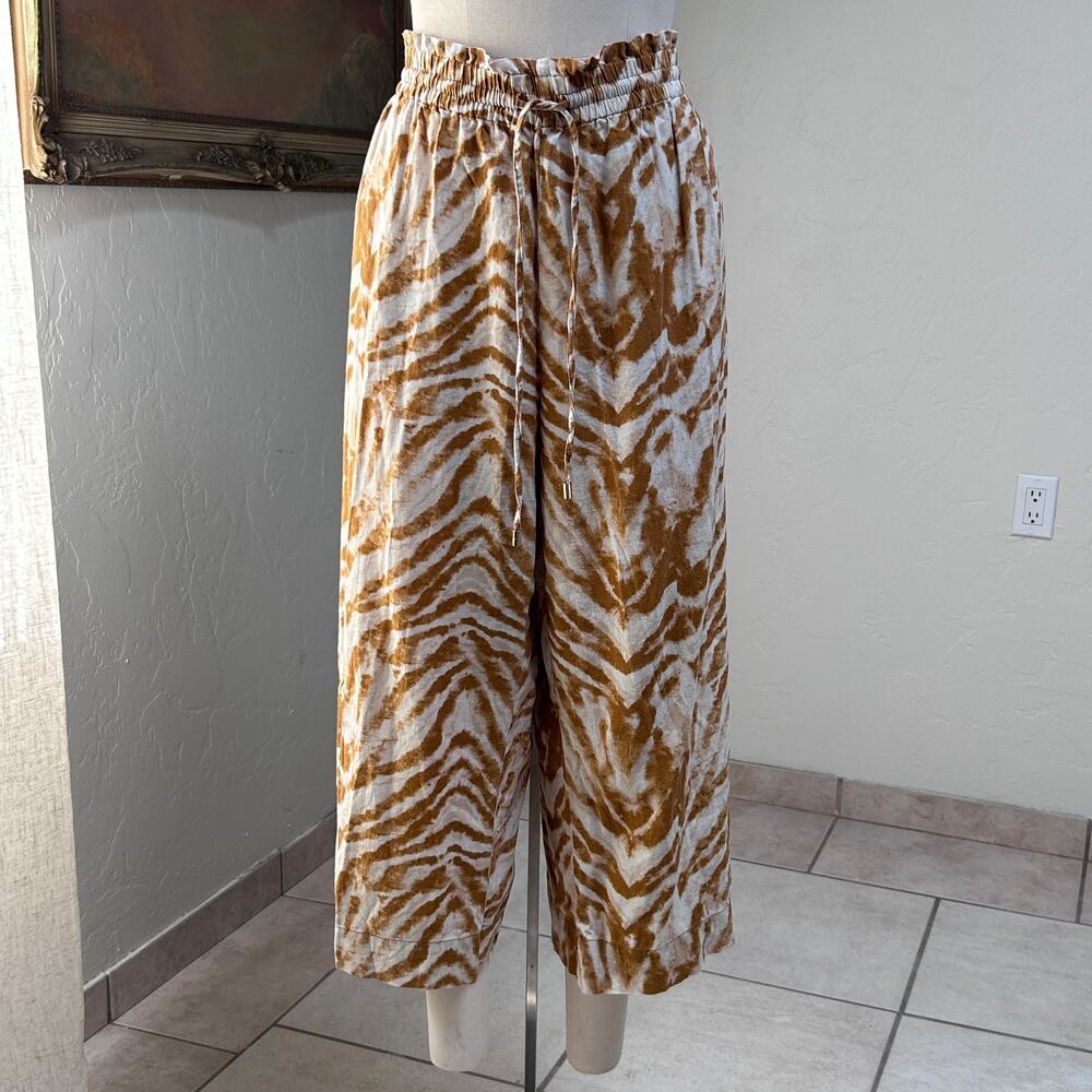 Wide Leg Pull On Tie Waist‎ Linen Pants Neutral Animal Print Cropped Women XL